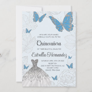 Blue and Silver Butterfly Quinceanera Invitation Kaart