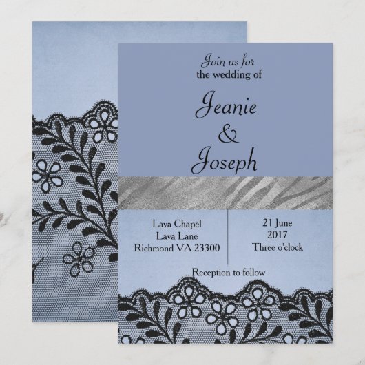 Blue and Silver Faux Lace Wedding Invitation Kaart (Voorkant / Achterkant)