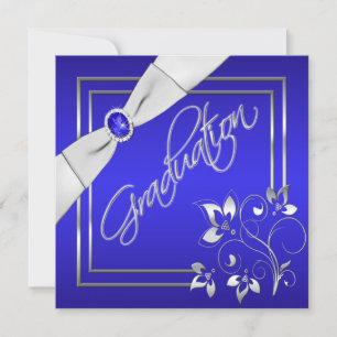 Blue and Silver Floral Photo Afstuderen Invitation Kaart