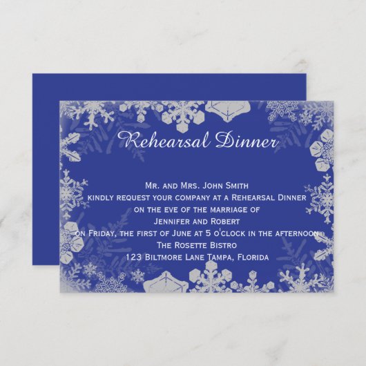 Blue and Silver Snowflake Wedding Rehearsal Kaart (Voorkant / Achterkant)
