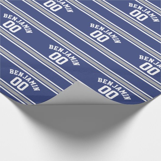 Blue and Silver Sports Jersey Custom Name Number Cadeaupapier (Hoek)