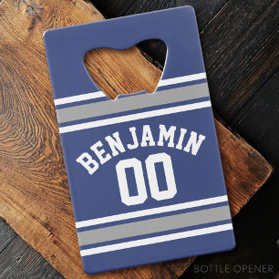 Blue and Silver Sports Jersey Custom Name Number Kredietkaart Flessenopener
