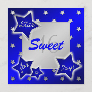 Blue and Silver Stars Sweet 16 Invitation Kaart