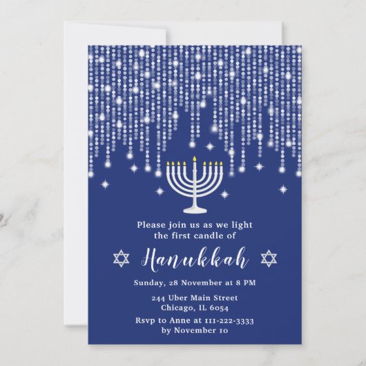 Blue and Silver String Lights Hanukkah Party Kaart (Voorkant)