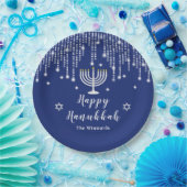 Blue and Silver String Lights Happy Hanukkah Papieren Bordje (Feest)