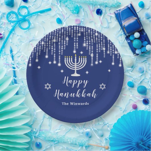 Blue and Silver String Lights Happy Hanukkah Papieren Bordje (Feest)
