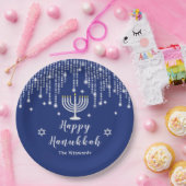Blue and Silver String Lights Happy Hanukkah Papieren Bordje (Feest)