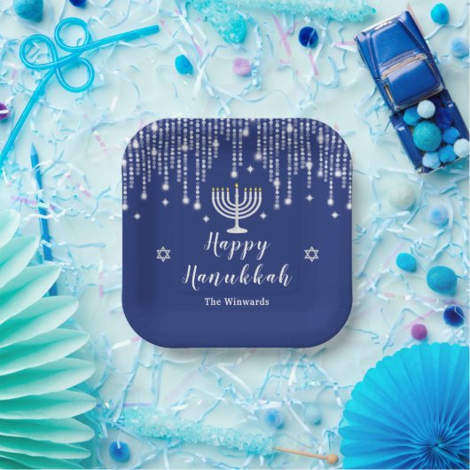 Blue and Silver String Lights Happy Hanukkah Papieren Bordje (Feest)
