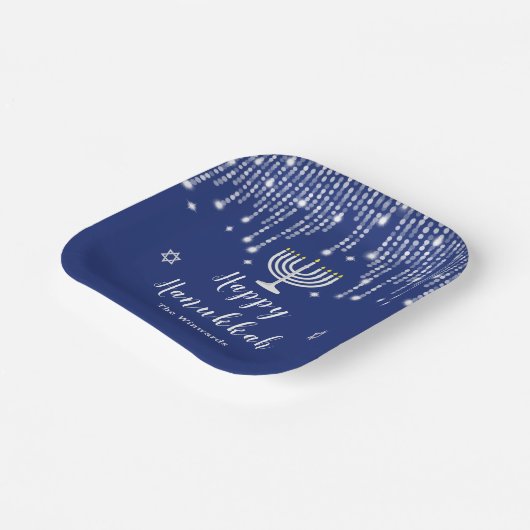 Blue and Silver String Lights Happy Hanukkah Papieren Bordje (Gebogen)
