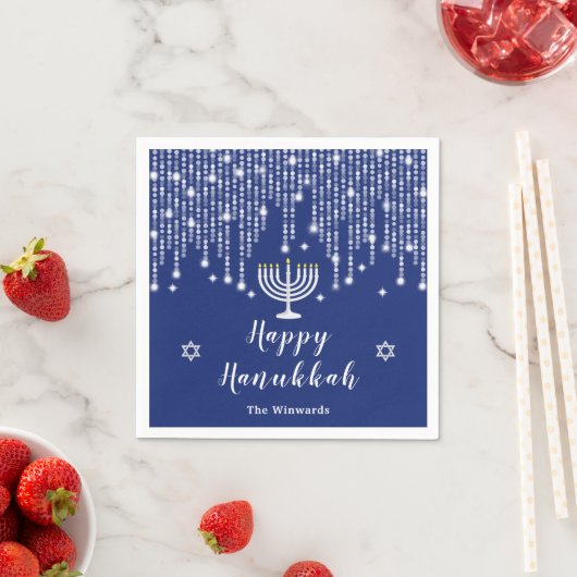 Blue and Silver String Lights Happy Hanukkah Servet (Insitu)