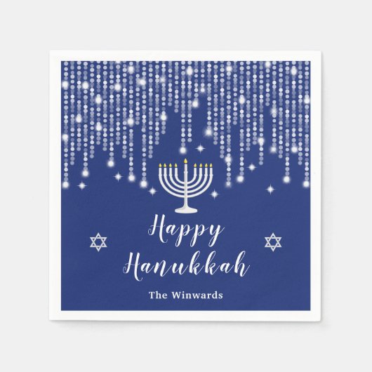 Blue and Silver String Lights Happy Hanukkah Servet (Voorkant)