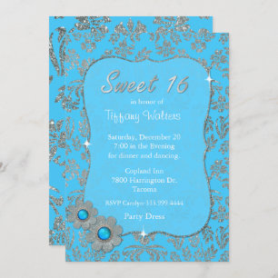 Blue and Silver Sweet 16 Birthday Invitation Kaart