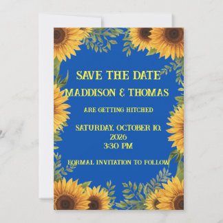 Blue and Sunflower Personalised Save The Date Kaart