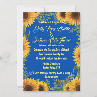 Blue and Sunflower Wedding Invitation Kaart