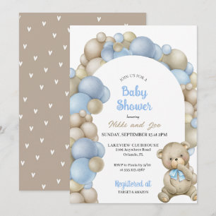 Blue and Tan Balloon Arch Teddy Bear Baby shower Kaart