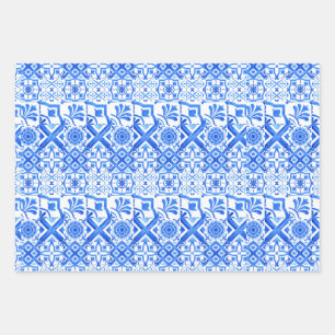 Blue and White Azulejo Spain Azul Pattern Wrappi Inpakpapier Vel