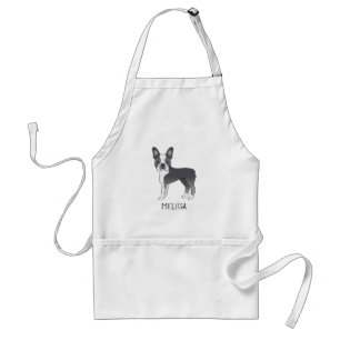 Blue and White Boston Terrier Cartoon Dog & Name Standaard Schort