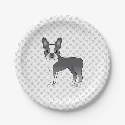 Blue and White Boston Terrier Cartoon Dog & Paws Papieren Bordje (Voorkant)