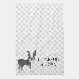 Blue and White Boston Terrier Cartoon Dog & Text Theedoek