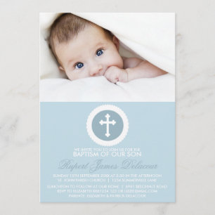 Blue and White Cross Baptism Photo Invitation Kaart