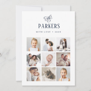 Blue and White Elegant Family Multi Photo Grid   Feestdagenkaart