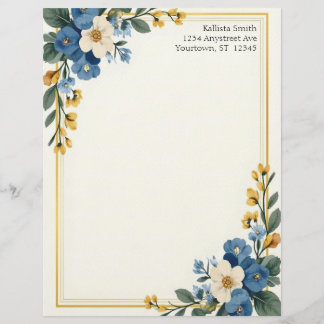 Blue and White Floral Corners Stationery Paper Briefhoofd