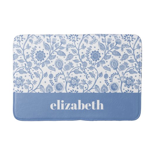 Blue and White Floral Custom Name Botanical Modern Badmat (Voorkant)