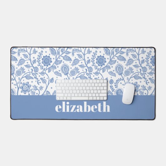 Blue and White Floral Custom Name Botanical Modern Bureaumat (Keyboard & Muis)