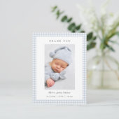 Blue and white Gingham Baby Boy Birth Announcement Briefkaart (Staand voorkant)