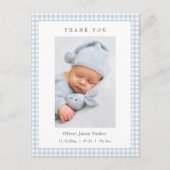 Blue and white Gingham Baby Boy Birth Announcement Briefkaart (Voorkant)