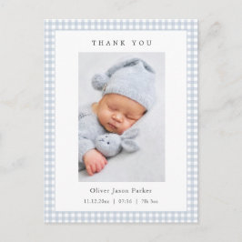 Blue and white Gingham Baby Boy Birth Announcement Briefkaart