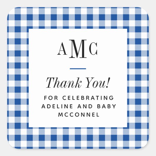Blue and White Gingham Monogram Dank je Vierkante Sticker (Voorkant)