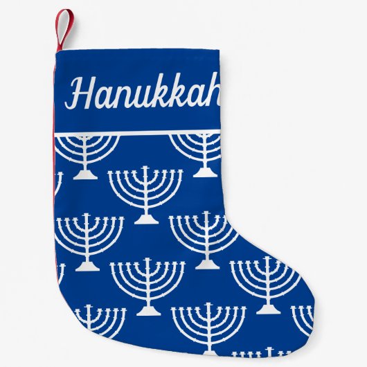 Blue and white Happy Hanukkah menorah Holiday Kleine Kerstsok (Voorkant)