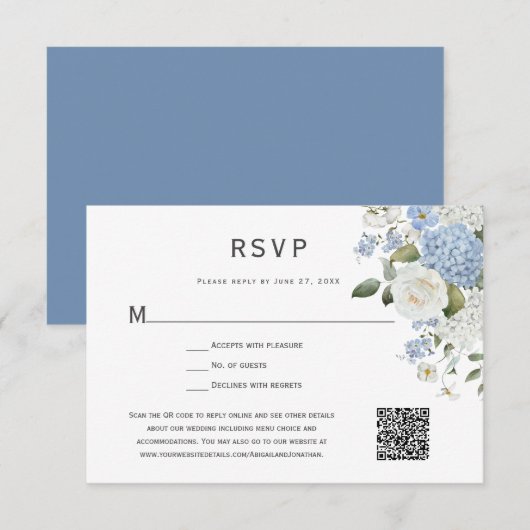 Blue and White Hydrangea, White Roses Floral RSVP Kaartje (Voorkant / Achterkant)