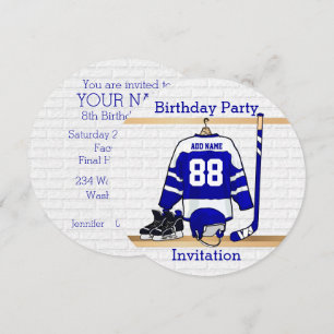 Blue and White Ice Hockey Jersey Birthday Party Kaart