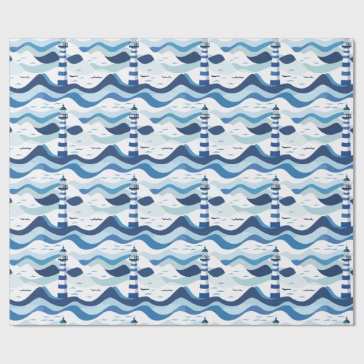 Blue and White Lighthouse Nautical Cadeaupapier (Vlak)