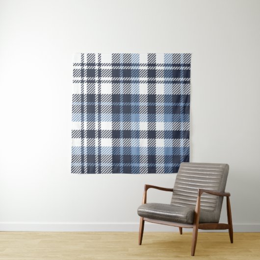 Blue and White modern tartan plaid Scottish seamle Wandkleed (In situ)