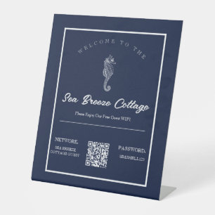 Blue and White Nautical Seahorse Hospitality Wifi Reclamebord Met Voetstuk
