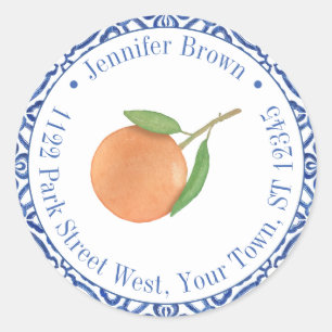 Blue and White Oranje Mandarin Return Address Ronde Sticker