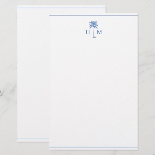 Blue and White Palm Palmetto Tree Monogram Briefpapier (Voorkant / Achterkant)