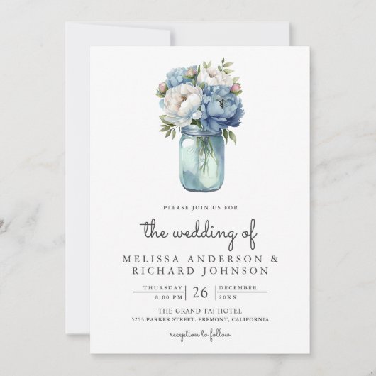 Blue and White Peony Mason Jar QR Code Weddenschap Kaart (Voorkant)