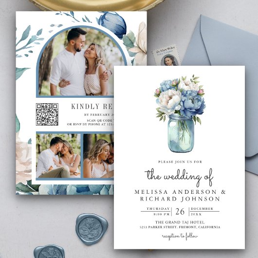 Blue and White Peony Mason Jar QR Code Weddenschap Kaart