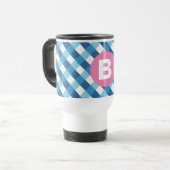 Blue and White Plaid Checked Pink Monogram Reisbeker (Voorkant links)