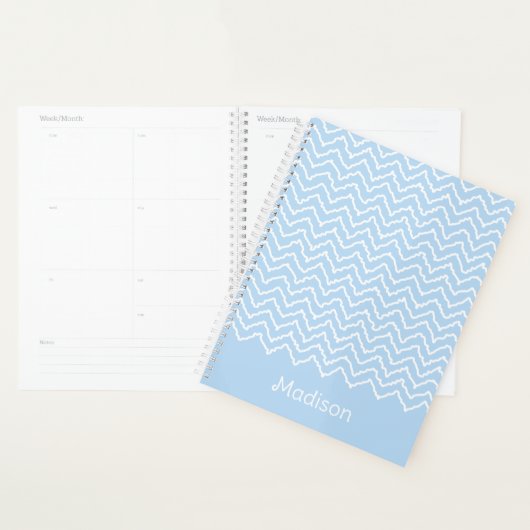 Blue And White Squiggly Chevron Zigzag With Name Planner (Display)