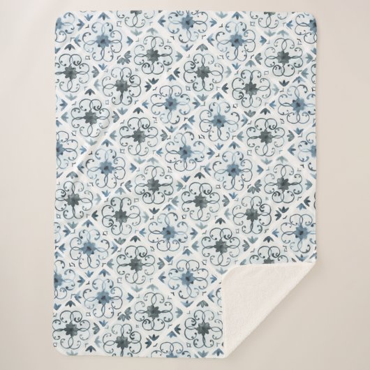 Blue and White Waterverf Moroccan Tegel Pattern Sherpa Deken (Voorkant)