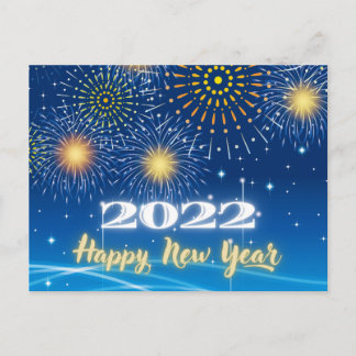 Blue and Yellow Fireworks Happy New Year 2022 Briefkaart