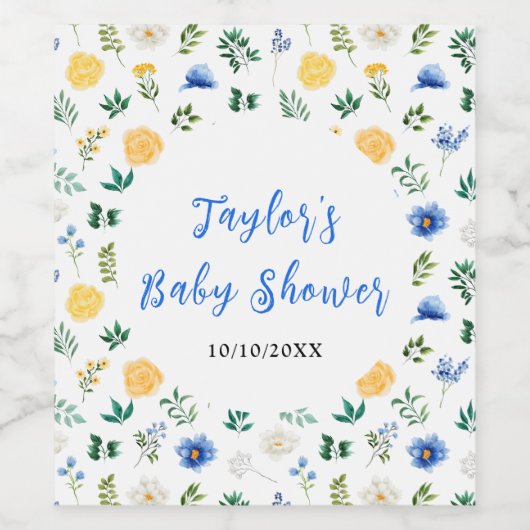 Blue and Yellow Floral Baby Shower Wijn Etiket (Enkel label)