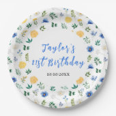 Blue and Yellow Floral Birthday Papieren Bordje (Voorkant)