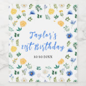 Blue and Yellow Floral Birthday Wijn Etiket (Enkel label)