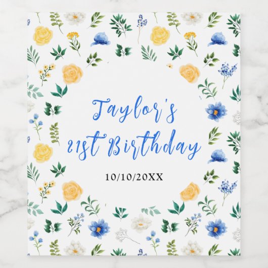 Blue and Yellow Floral Birthday Wijn Etiket (Enkel label)